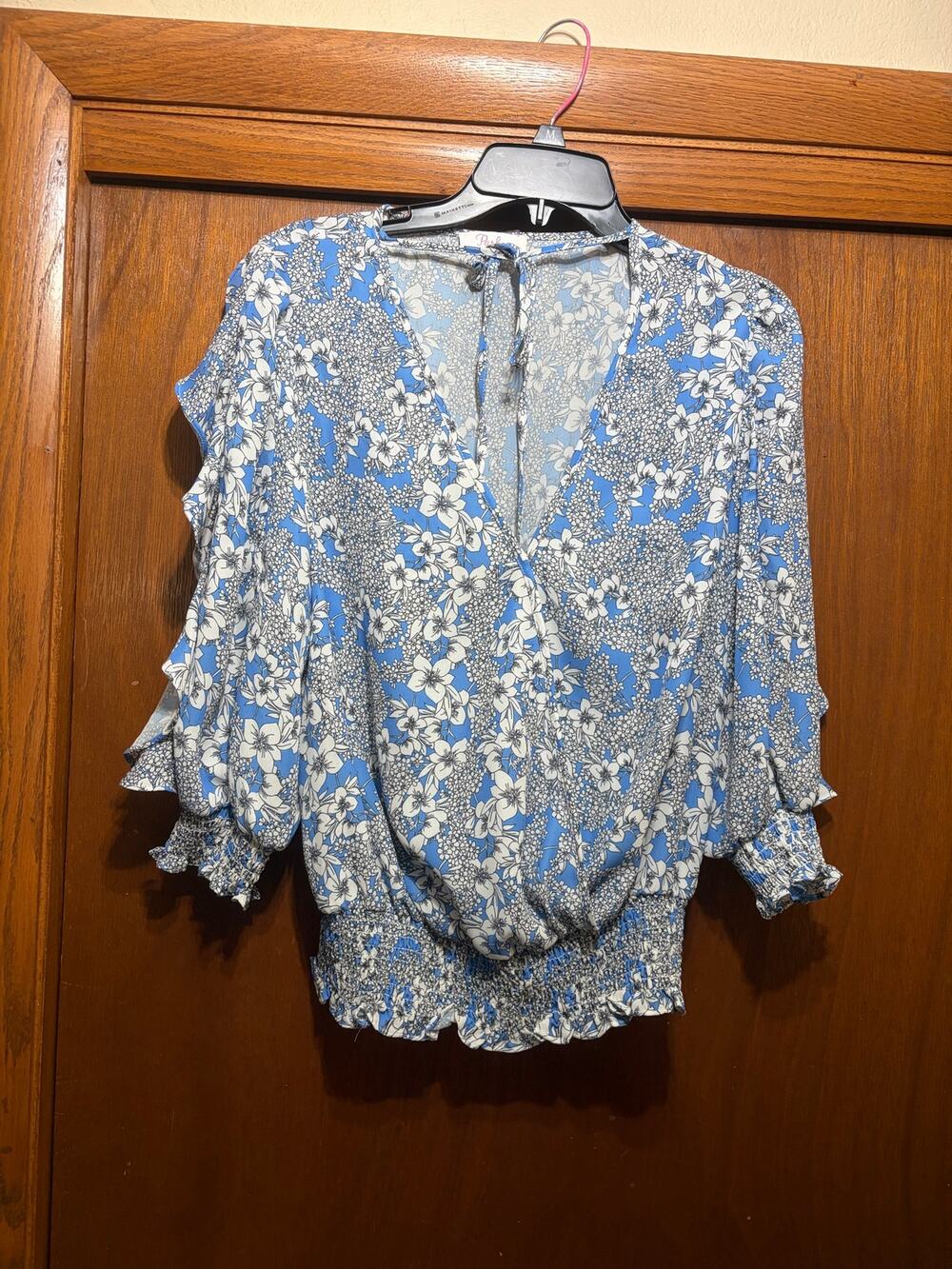 Parker Blue Floral Surplice Blouse Smocked Waist Ruffle Sleeve Top Size Small